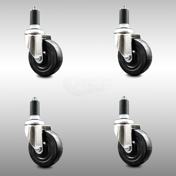 4 Inch 316SS Hard Rubber Wheel Swivel 1-3/8 Inch Expanding Stem Caster Set SCC